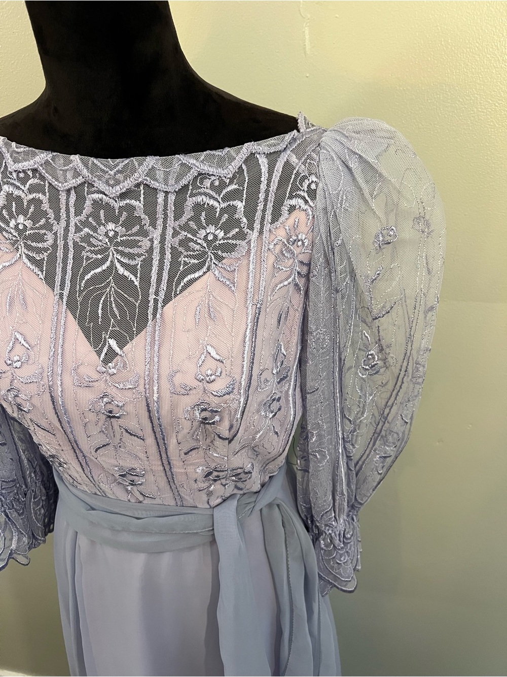 Vintage 80’s lavender lace chiffon puff sleeve dress wedding romantic party - Picture 3 of 10